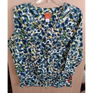 Hearts Of Palm S Woman Blouse Top Multicolor Paint Dab Pattern 3/4 Sleeve V Neck